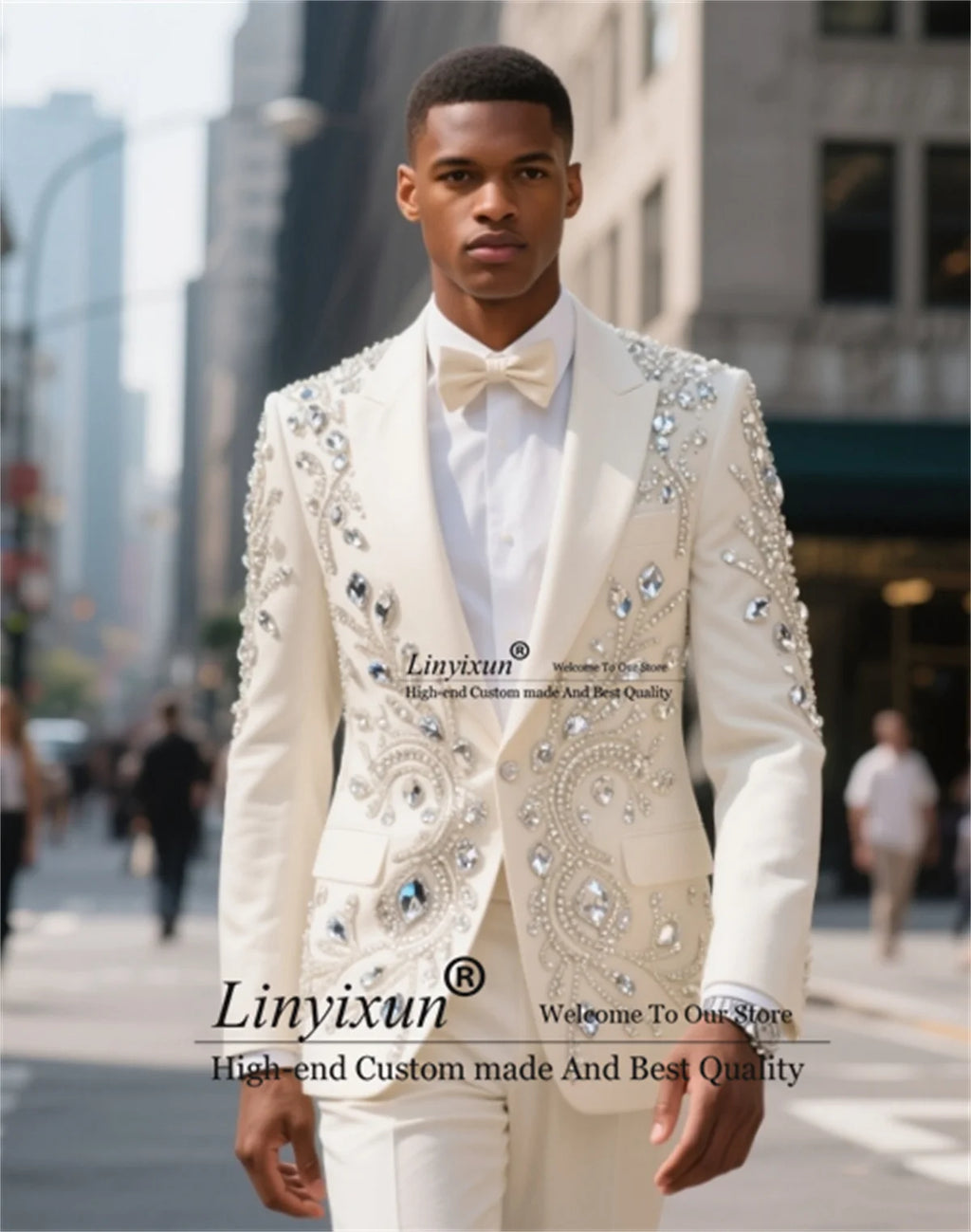 Fashion Men Suits With Bow High End Metal Embellished Slim Customized Ropa Hombre Groom Tuxedos 2 Pieces Sets Party Prom Blazer