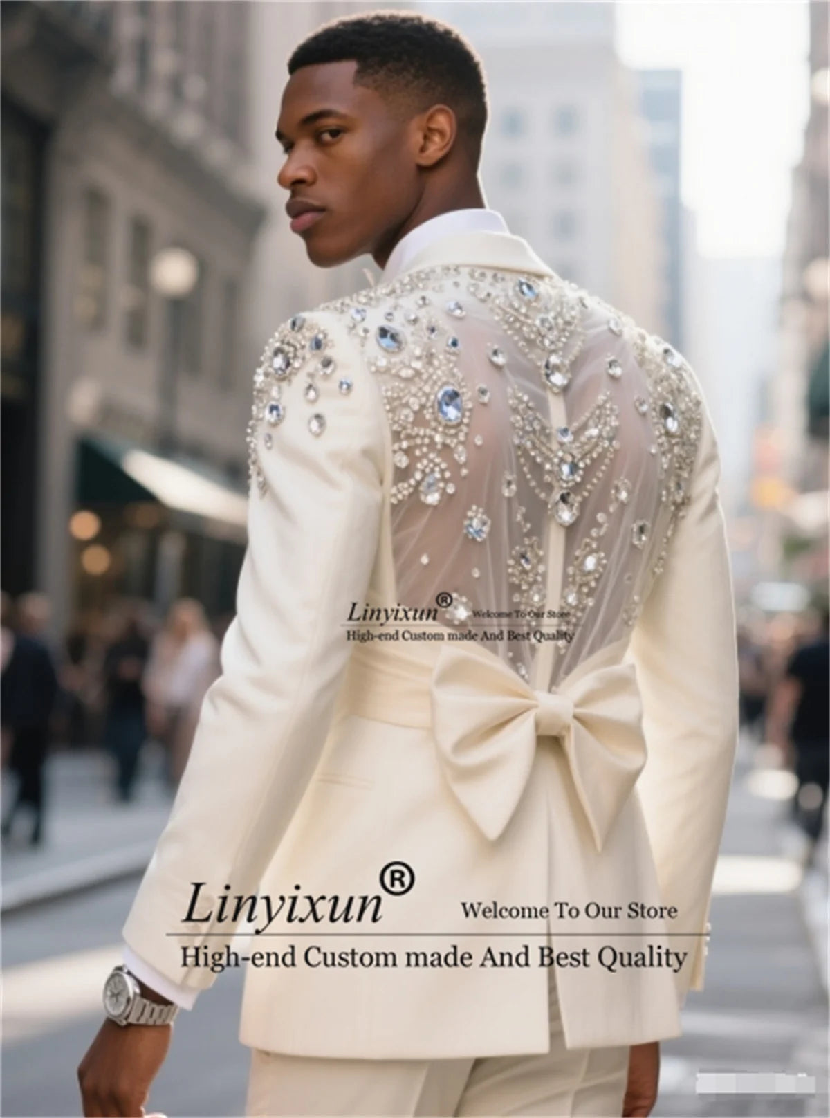 Fashion Men Suits With Bow High End Metal Embellished Slim Customized Ropa Hombre Groom Tuxedos 2 Pieces Sets Party Prom Blazer