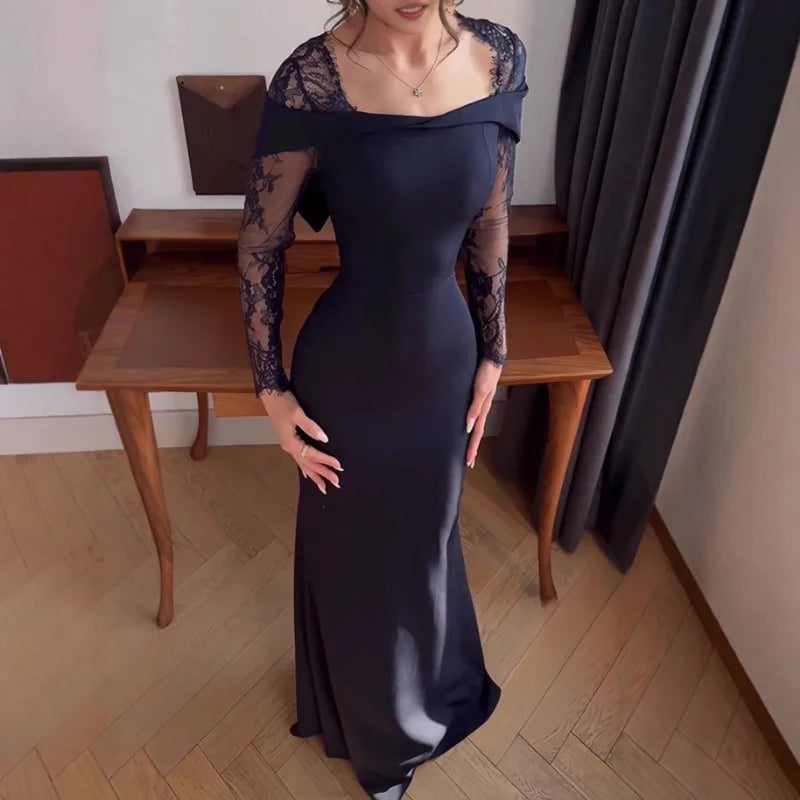 Elegant Off Shoulder Maxi Dress For Women Luxury Lace Spliced Long Robes Slim Waist Party Vestidos 2026 New Lady Evening Gowns