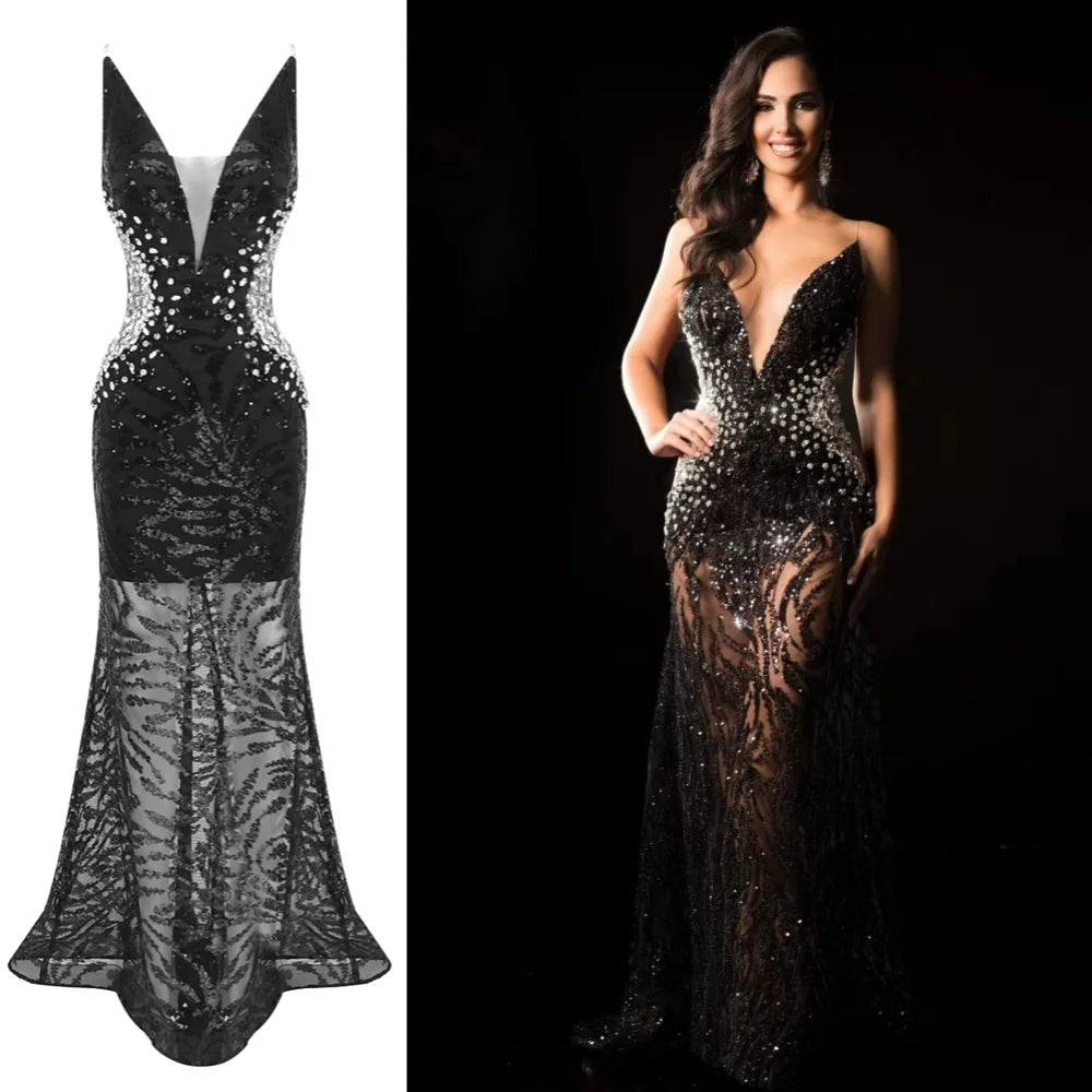 Sexy Deep V Sequin Sheer Evening Dress – Black Sparkle Formal Evening Banquet Gown with Plunging Neckline