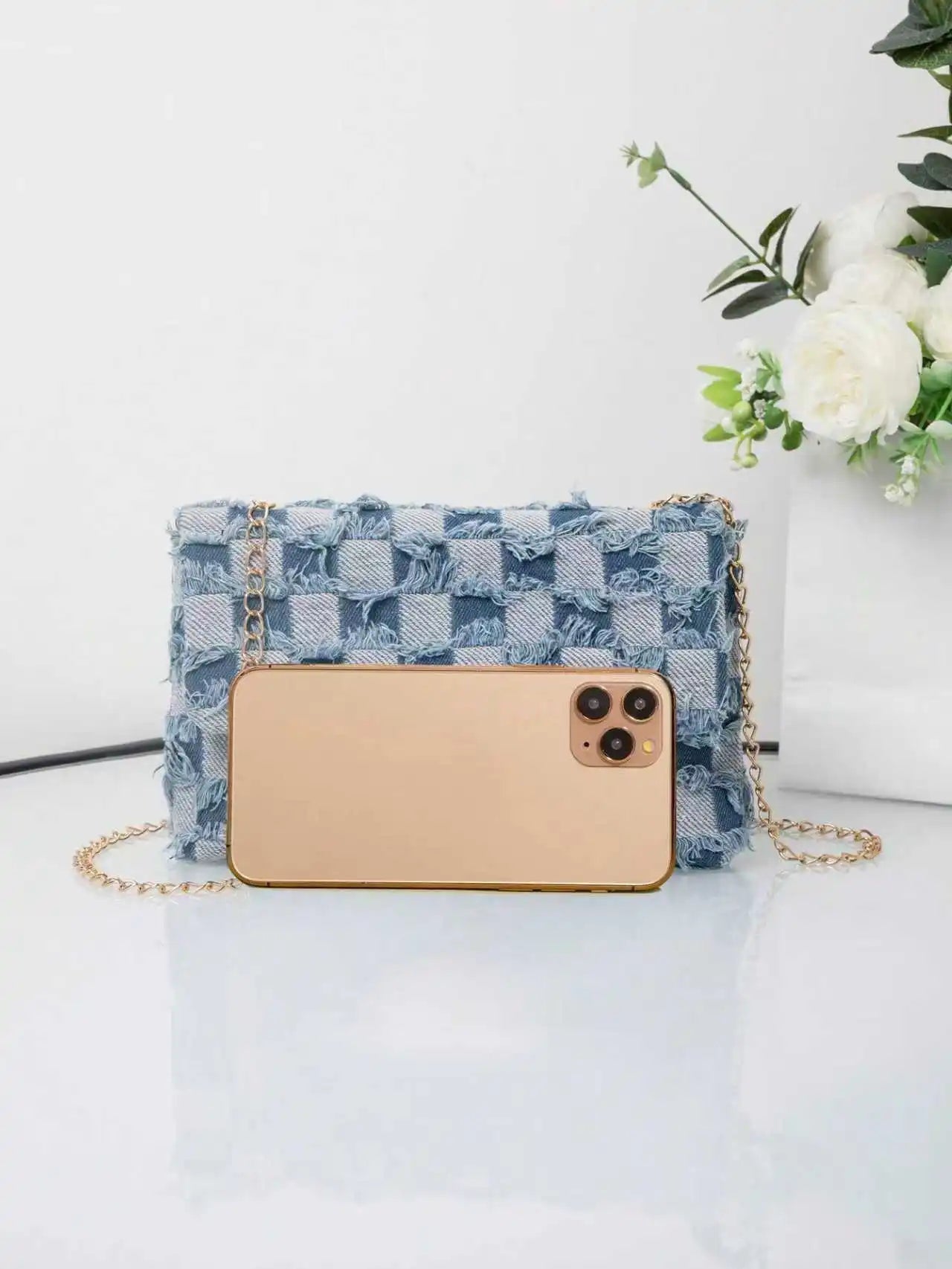 Women Denim Shoulder Bag Casual Versatile Women's Bag City Simple Style Medium Square Bag Grid Chain Lock Buckle PU Lining