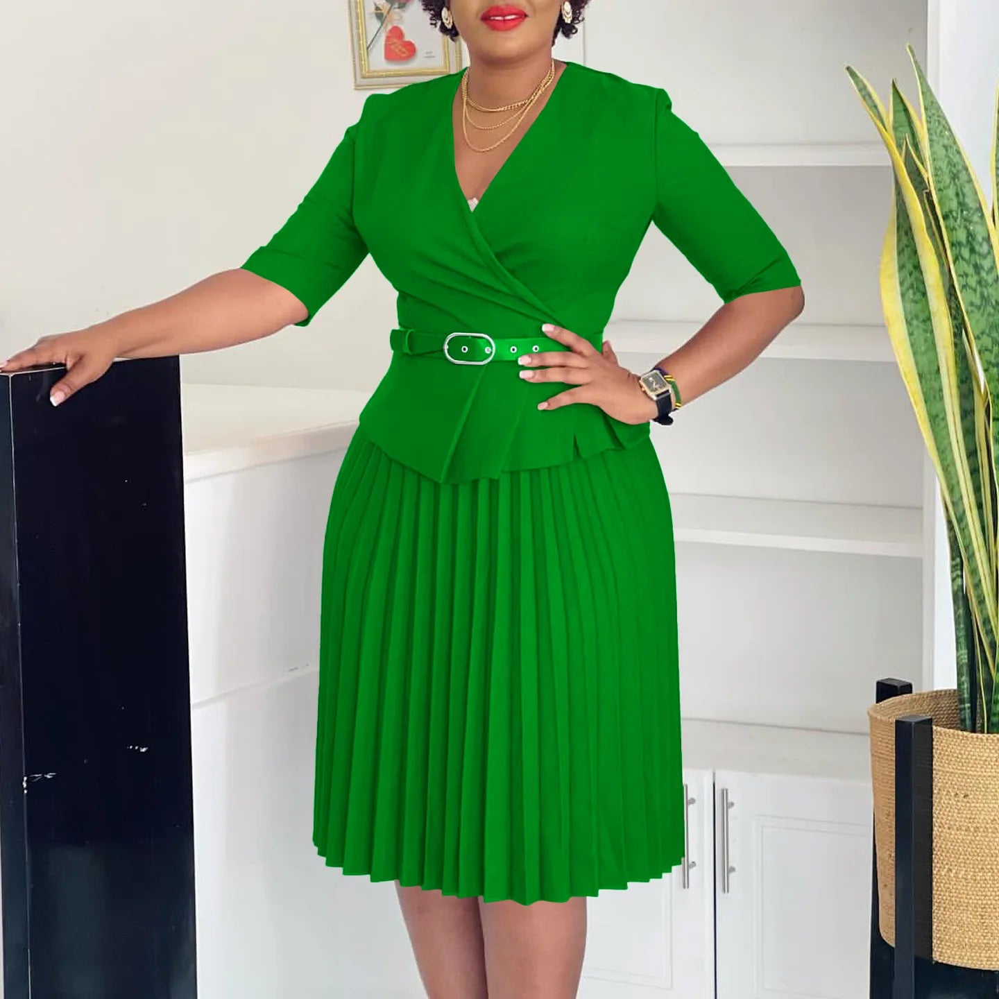 Elegant Church Dresses for Women V Neck Peplum Pleated Waist Belt Female Half Sleeves Classy Modest African Summer Fashion Gowns