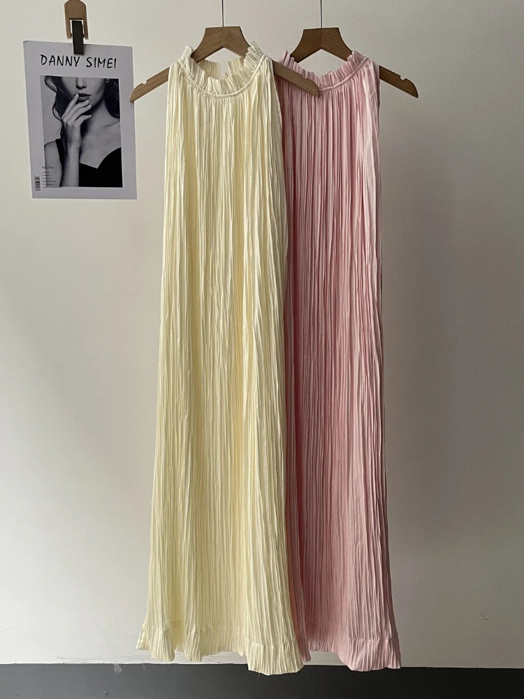 Women’s Crinkle Halter Maxi Dress Summer Loose Flowy Casual Daily & Vacation Dress Solid Color Simply Style