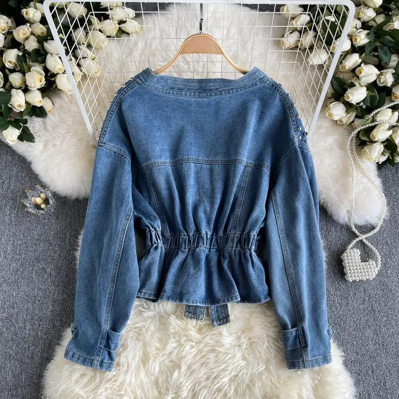 Design Inspired Denim Jacket For women 2025 Spring Autumn New Heavy Industry diamond Studded Nail bead Slimming Long sleeved Top