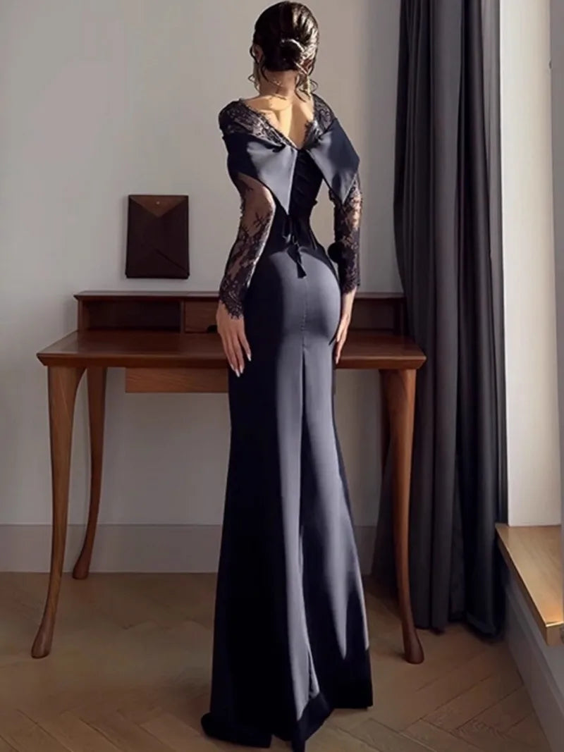Elegant Off Shoulder Maxi Dress For Women Luxury Lace Spliced Long Robes Slim Waist Party Vestidos 2026 New Lady Evening Gowns