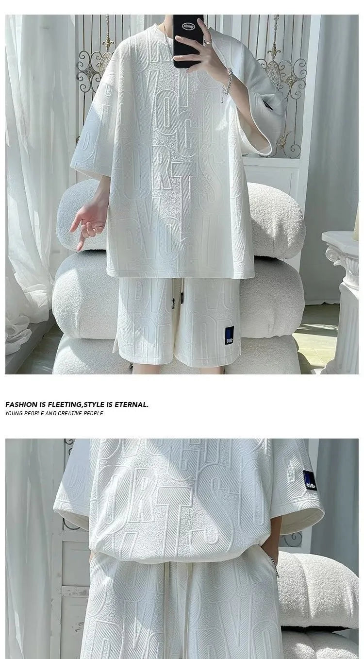 Fashion Suit Male Handsome Set With Loose Casual Sports Jacquard Short-sleeved Shorts Two-piece Set 2025 Spring And Summer