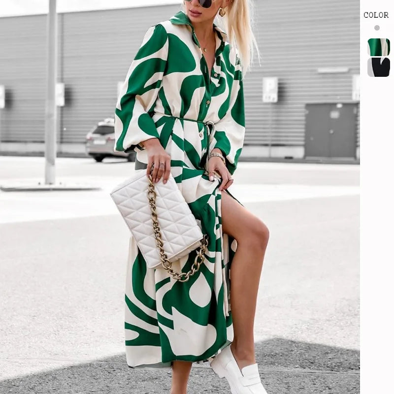 New Arrival Woman Geometric Print Belted Shirt Dress Long Sleeves Button Down Ideal for Casual Chic and Street Style