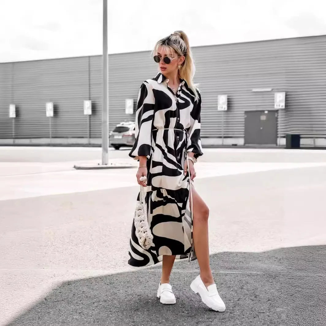New Arrival Woman Geometric Print Belted Shirt Dress Long Sleeves Button Down Ideal for Casual Chic and Street Style