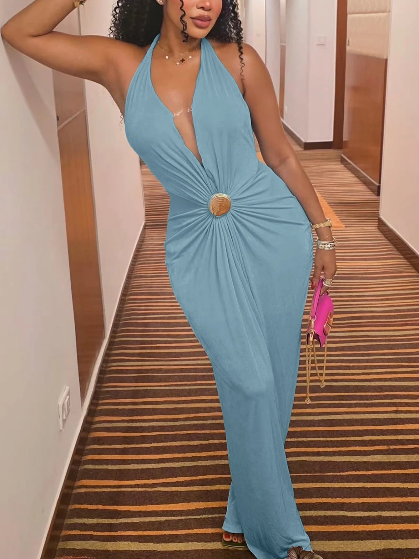 Maxi Dress Spring Summer Women Light Blue Halter Neck Twist Front Sexy Elegant Party Date Evening Club Dress
