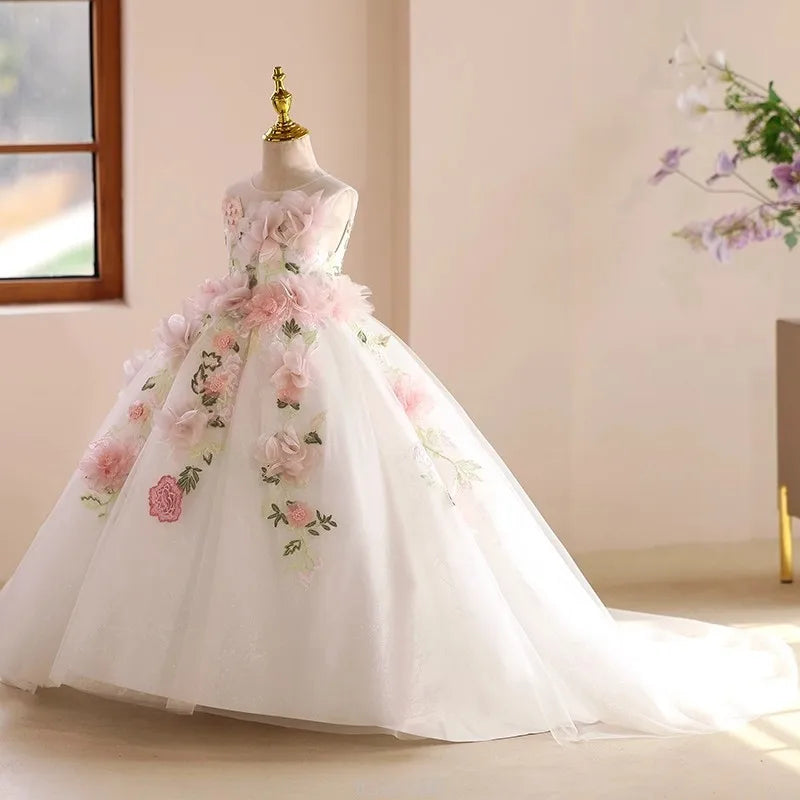 Elegant Dress For Girls Long Dress Floral Host Dresses Outfit Birthday Wedding Flower Gown Clothes Costume Children Pageant