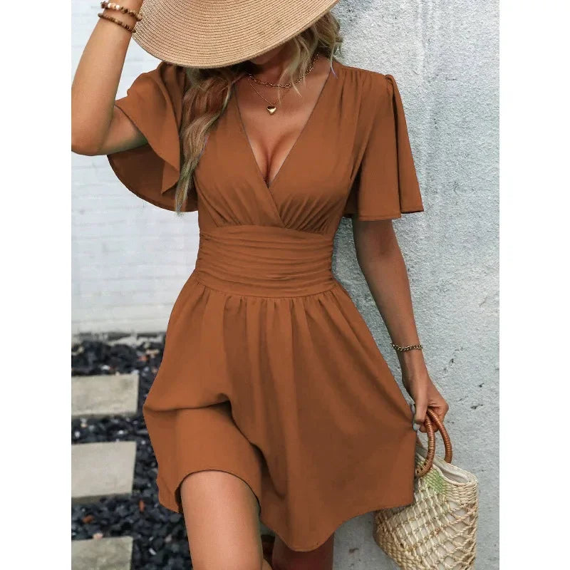 Dresses 2025 Woman Summer New Arrival V-Neck Ruffled Sleeve Solid Color Dress Woman Clothing Tops Skirts Y2k Clothes