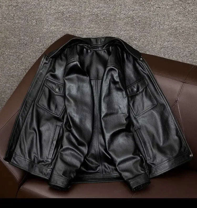 Europe and America Fashion Men Solid Color Simple Basic Casual Trendy Turn-down Collar Long Sleeve Faux Leather Coats Male Tops