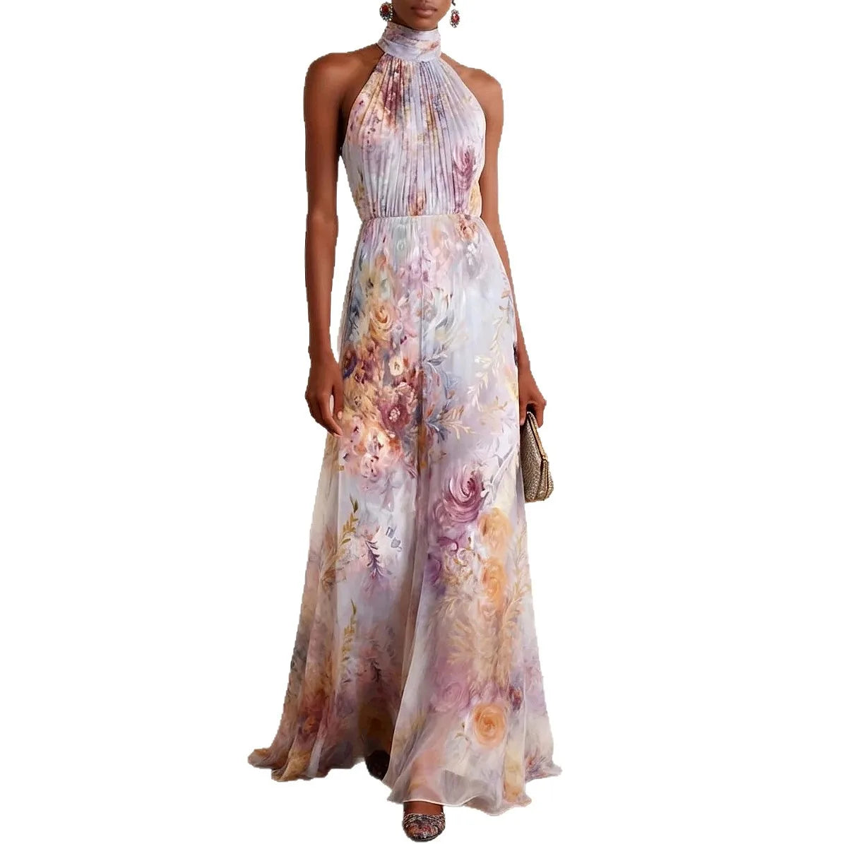 Halter Print Maxi Dress Women Sleeveless Long Dress Spring Summer Flowy Chiffon Evening Dress
