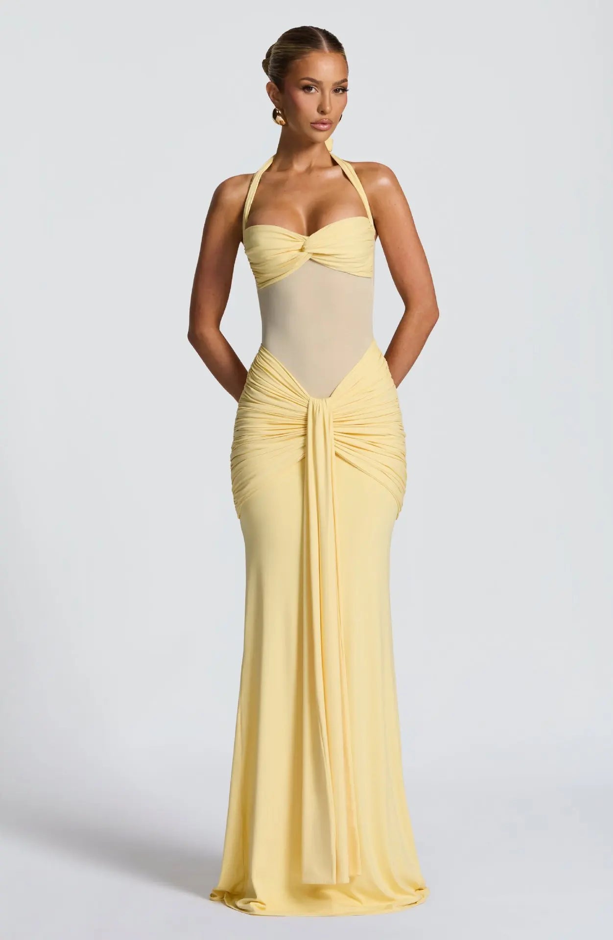 Elegant Banquet Dress For Women Fashion And Sexy Slim Solid Color V-neck Halter Neck Splicing Mesh Folds Package Hip Dresses