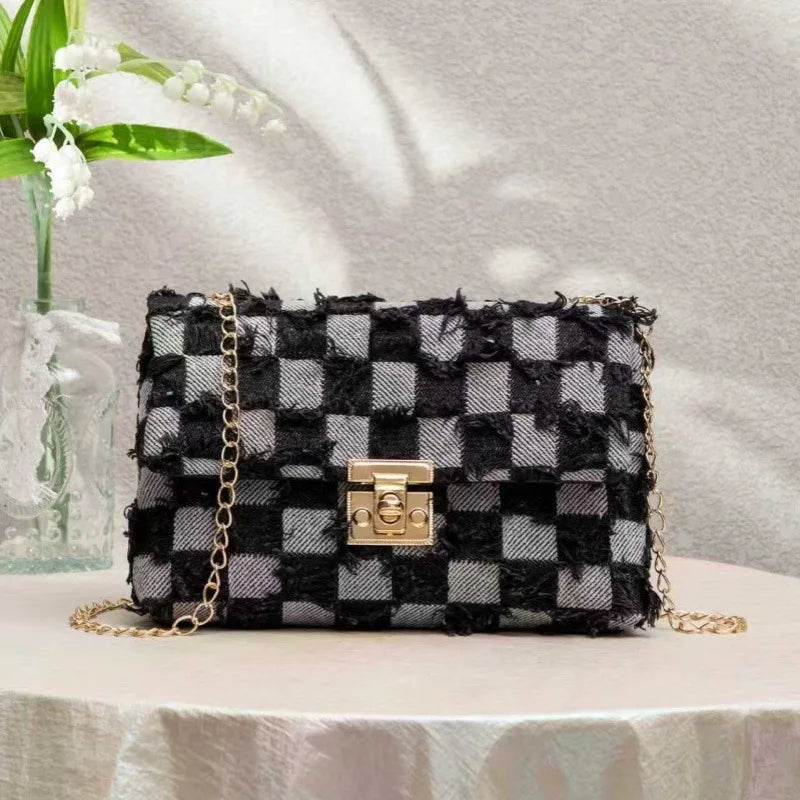 Women Denim Shoulder Bag Casual Versatile Women's Bag City Simple Style Medium Square Bag Grid Chain Lock Buckle PU Lining