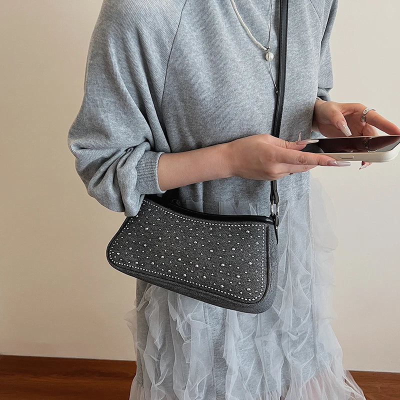 Vintage Denim Underarm Sling Bag Women Studded Diamond Shoulder Bag French Style Armpit Shopper Purse Verastile Crossbody Bag