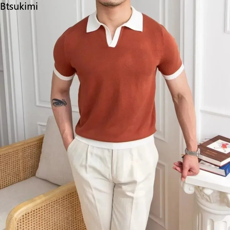Fashion New Men's Elegant Knitted Polo Shirts Casual Versatile Lapel Tees Summer Breathable Loose Tops for Men Commuter Clothes