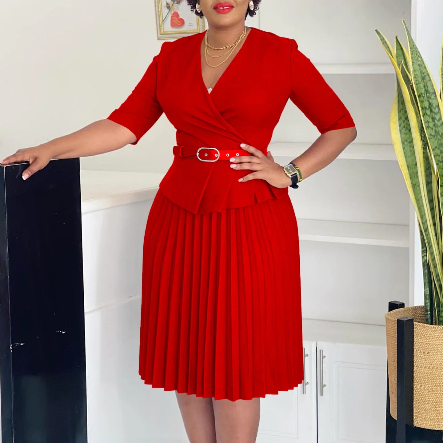 Elegant Church Dresses for Women V Neck Peplum Pleated Waist Belt Female Half Sleeves Classy Modest African Summer Fashion Gowns