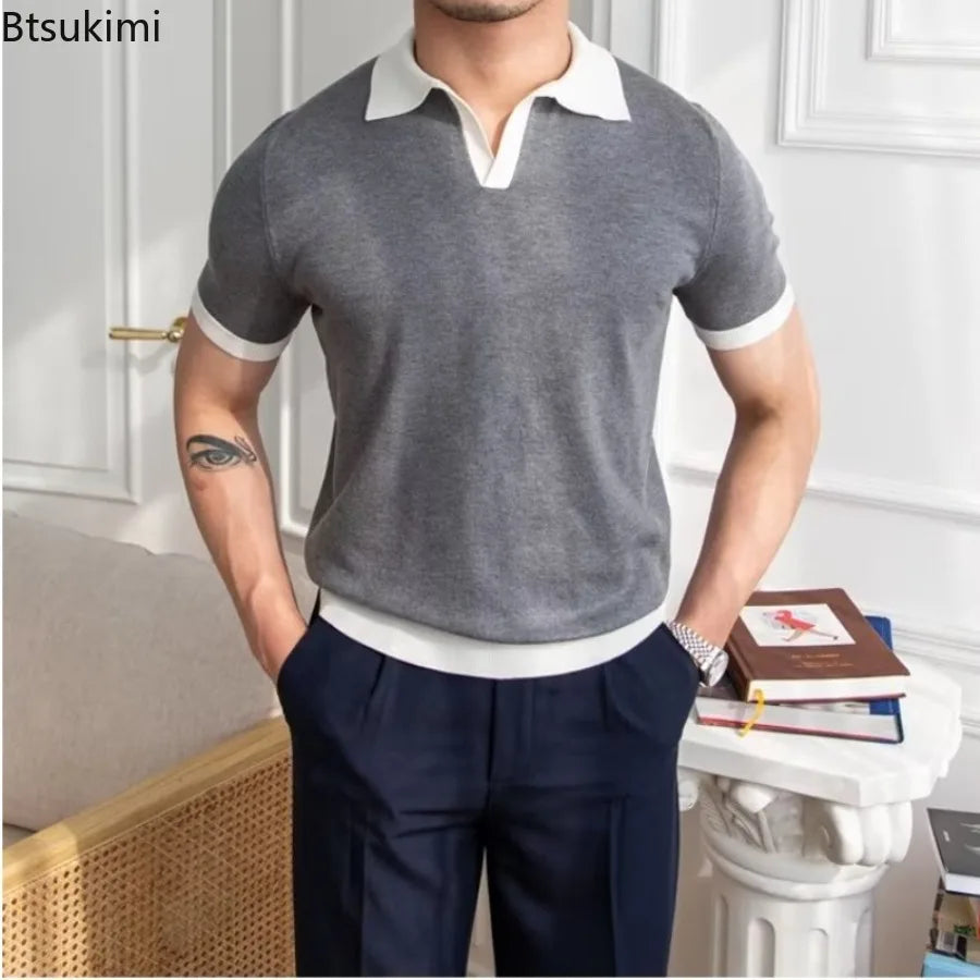 Fashion New Men's Elegant Knitted Polo Shirts Casual Versatile Lapel Tees Summer Breathable Loose Tops for Men Commuter Clothes