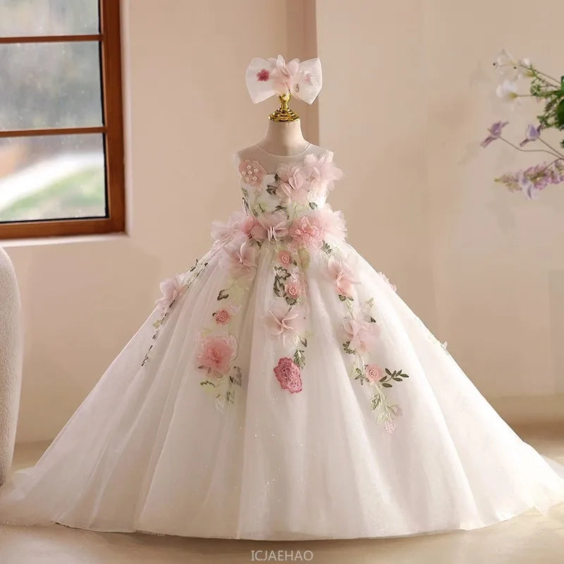 Elegant Dress For Girls Long Dress Floral Host Dresses Outfit Birthday Wedding Flower Gown Clothes Costume Children Pageant