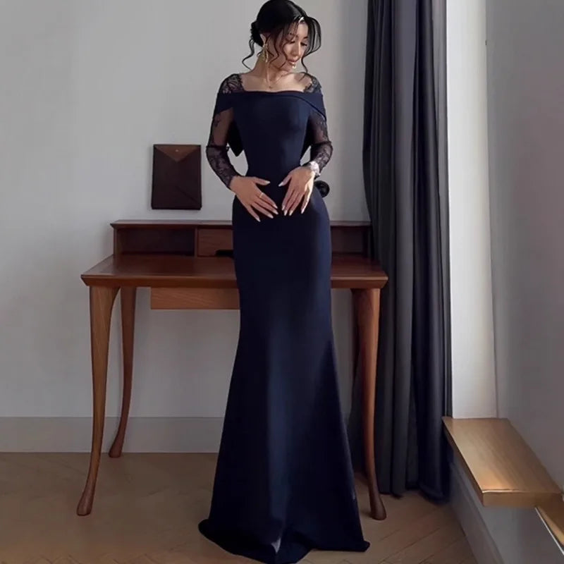 Elegant Off Shoulder Maxi Dress For Women Luxury Lace Spliced Long Robes Slim Waist Party Vestidos 2026 New Lady Evening Gowns