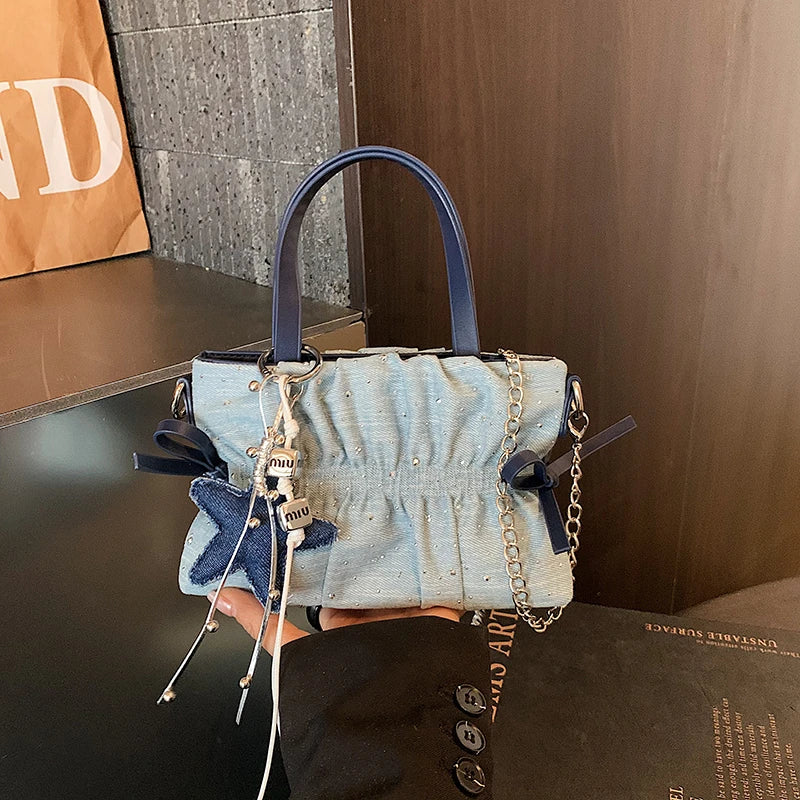 Denim Ruched Mini Tote Bag with Star Charm Women's Retro Shoulder Handbag Cute Crossbody Purse for Streetwear & Daily Use