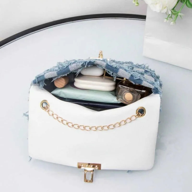 Women Denim Shoulder Bag Casual Versatile Women's Bag City Simple Style Medium Square Bag Grid Chain Lock Buckle PU Lining