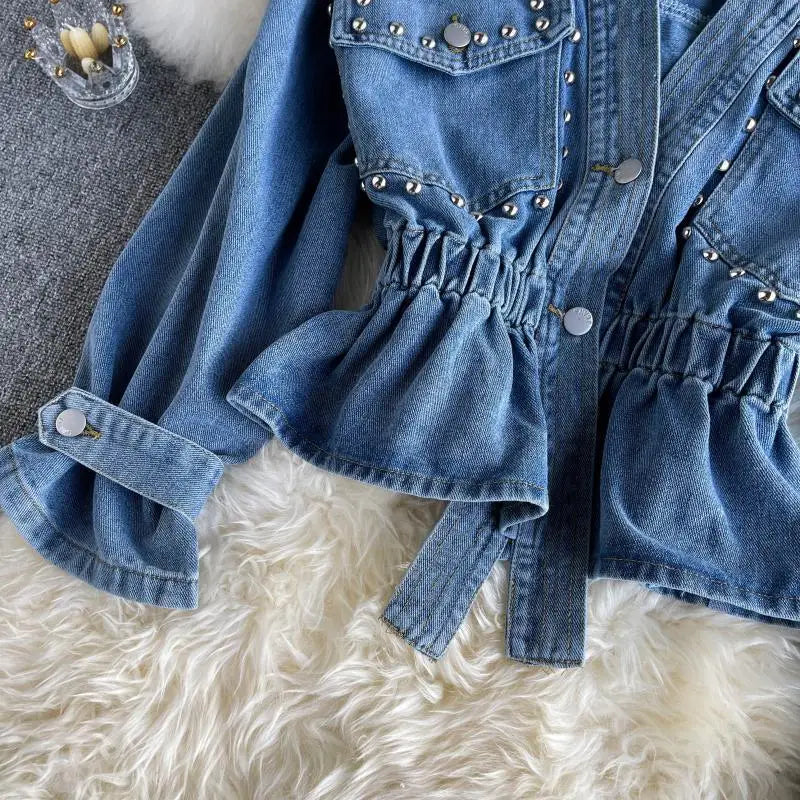 Design Inspired Denim Jacket For women 2025 Spring Autumn New Heavy Industry diamond Studded Nail bead Slimming Long sleeved Top