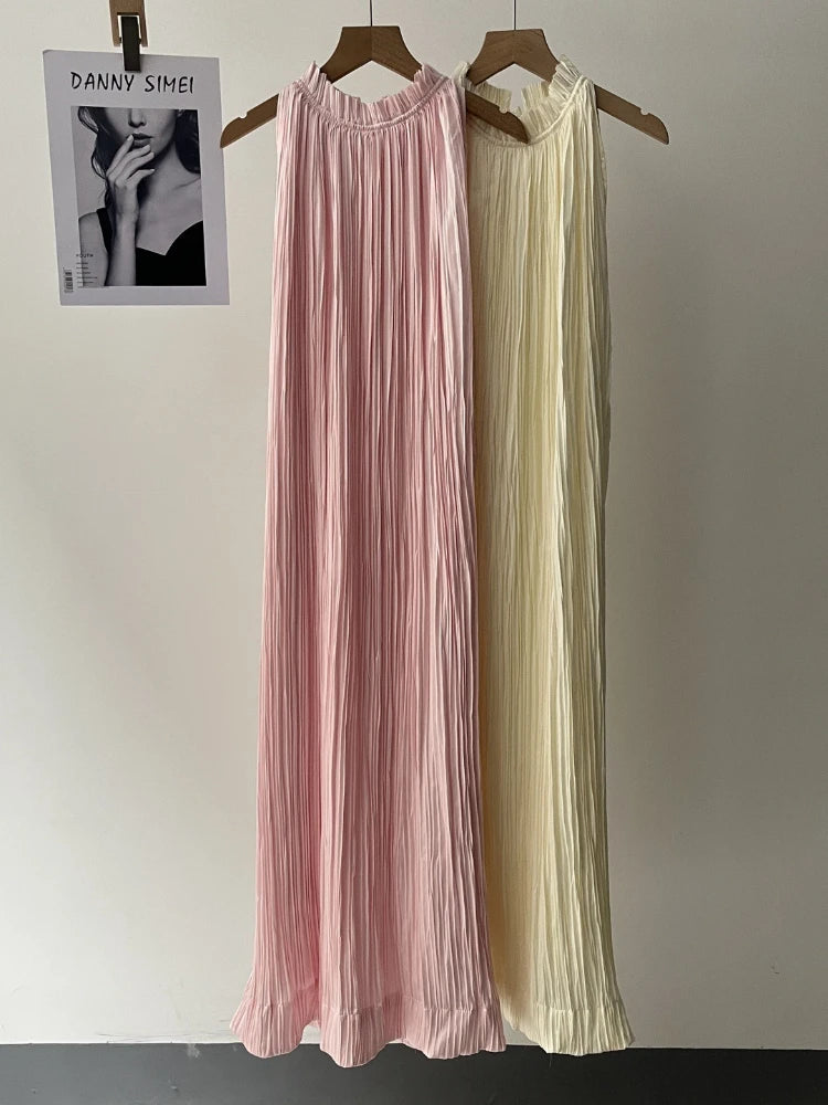 Women’s Crinkle Halter Maxi Dress Summer Loose Flowy Casual Daily & Vacation Dress Solid Color Simply Style