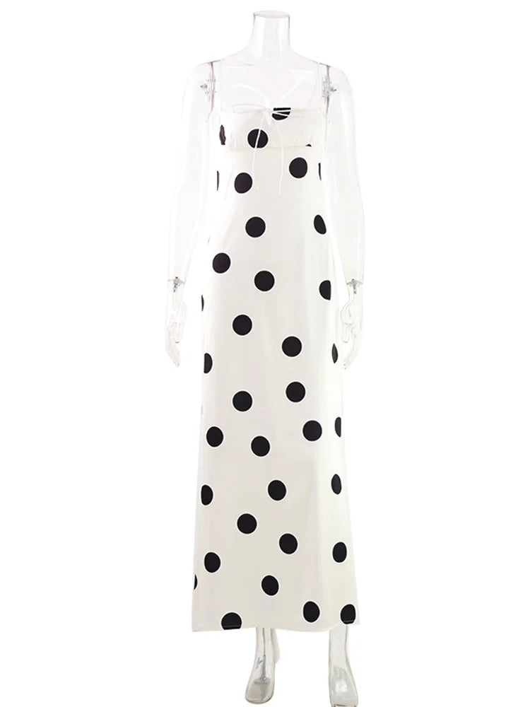 Dot Printed Maxi Dresses For Women Fashion Sexy Streetwear Sleeveless Sheath Slash Neck Long Vestidos Robes Female Outfit Slim