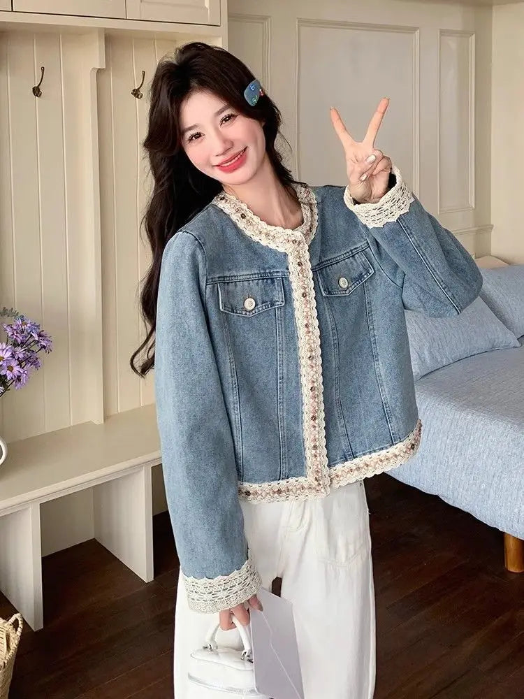 Denim Coat 2025 Spring/autumn Short Design Lace Women's Cardigan
