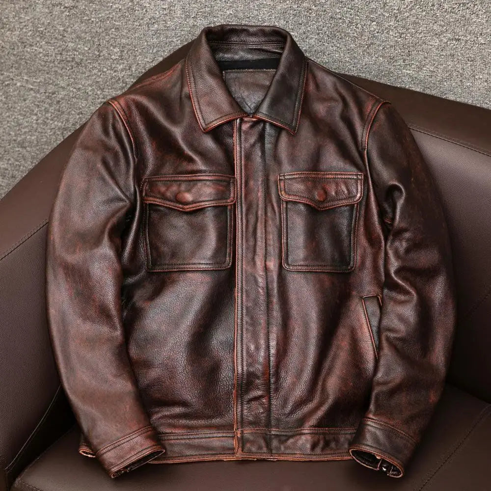 Europe and America Fashion Men Solid Color Simple Basic Casual Trendy Turn-down Collar Long Sleeve Faux Leather Coats Male Tops