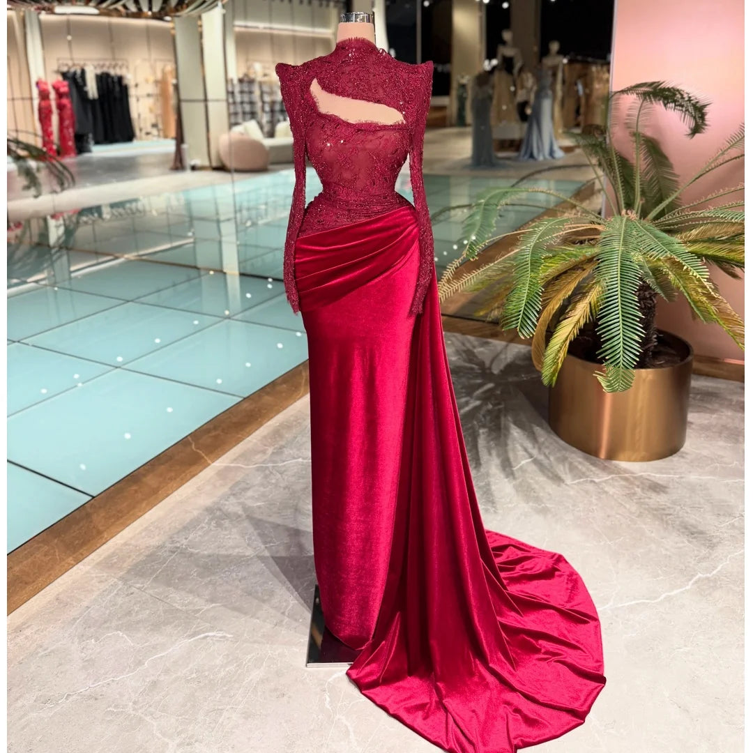 Elegant Velour Evening Dresses High Collar Lace Sequined Prom Dress Long Sleeves Formal Party Gown Gala Vestidos Customized