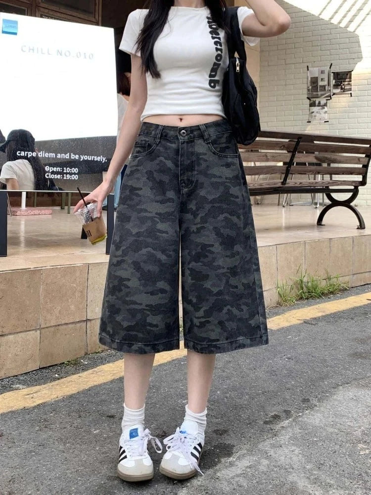 Vintage Camouflage Denim Shorts Women's Clothes Streetwear Straight Casual Fashion Y2k Wide Leg Pants Pantalones Cortos De Mujer