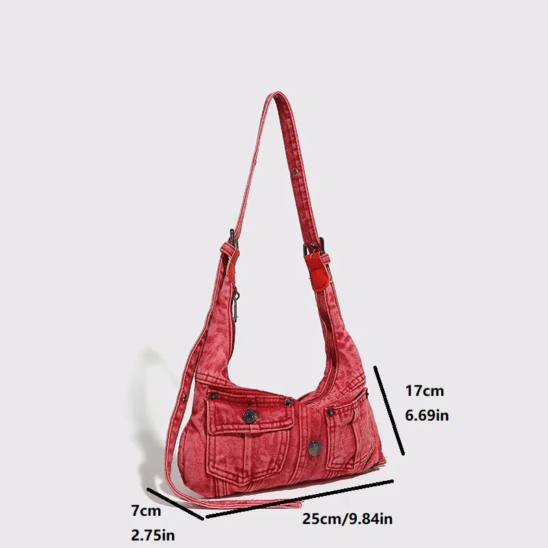 Fashion Denim Women Shoulder Bag small Casual Satchel Cool Girl Totes multi pocket design female Handbag red ladies Armpit bag