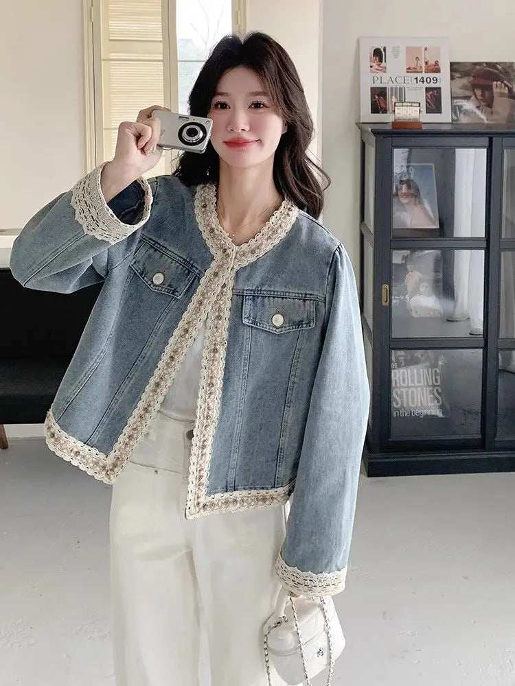 Denim Coat 2025 Spring/autumn Short Design Lace Women's Cardigan