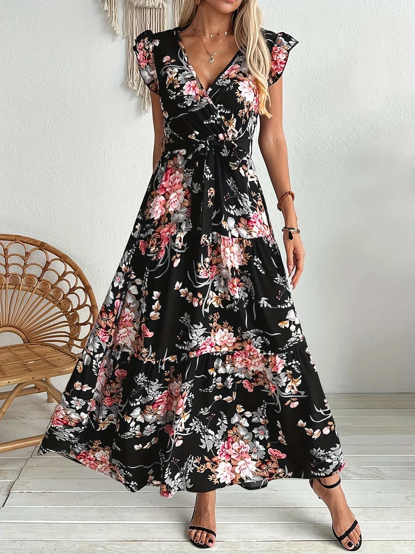 Elegant Digital Print Maxi Dress Vivid Floral Pattern for Vacation Resort  Special Evenings
