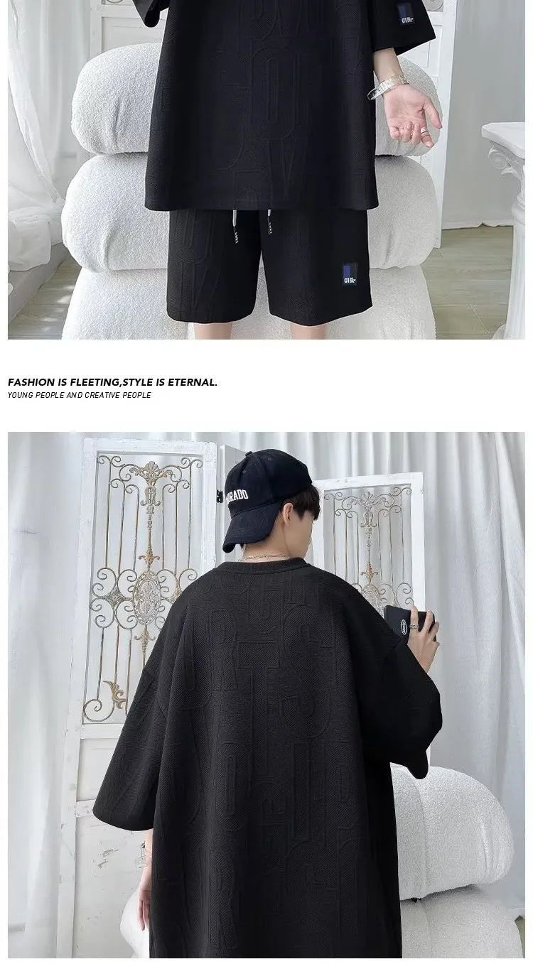 Fashion Suit Male Handsome Set With Loose Casual Sports Jacquard Short-sleeved Shorts Two-piece Set 2025 Spring And Summer