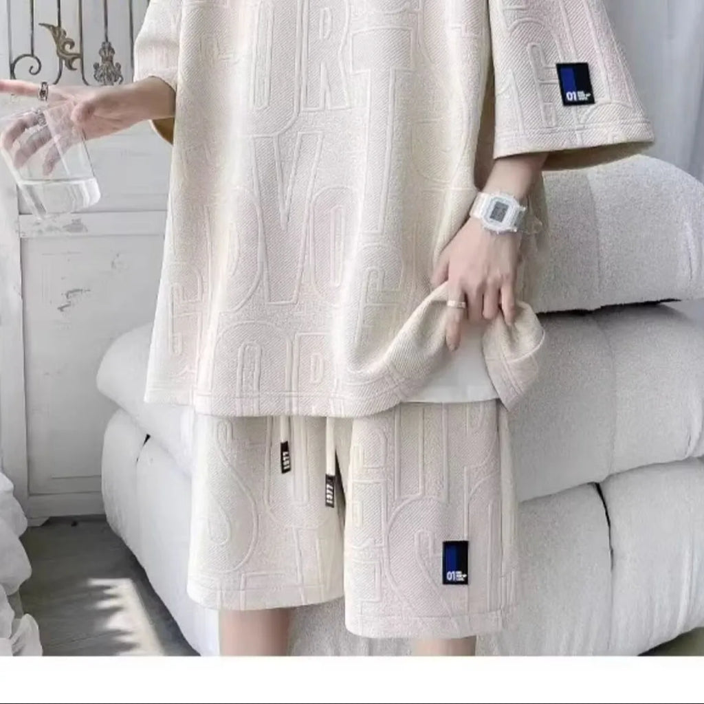 Fashion Suit Male Handsome Set With Loose Casual Sports Jacquard Short-sleeved Shorts Two-piece Set 2025 Spring And Summer