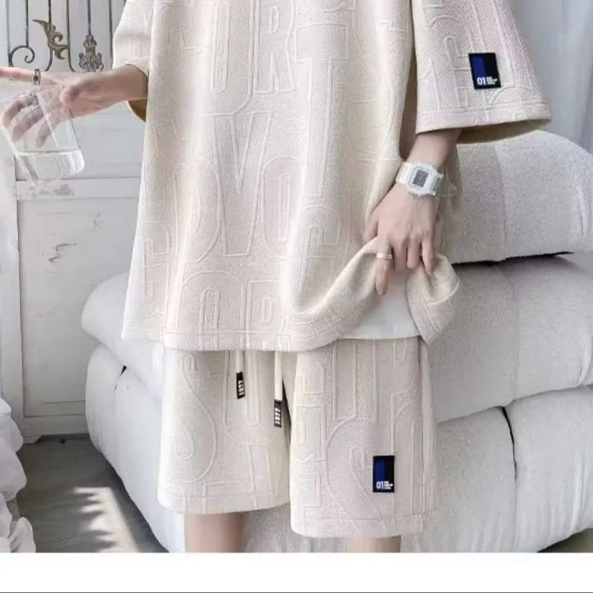 Fashion Suit Male Handsome Set With Loose Casual Sports Jacquard Short-sleeved Shorts Two-piece Set 2025 Spring And Summer