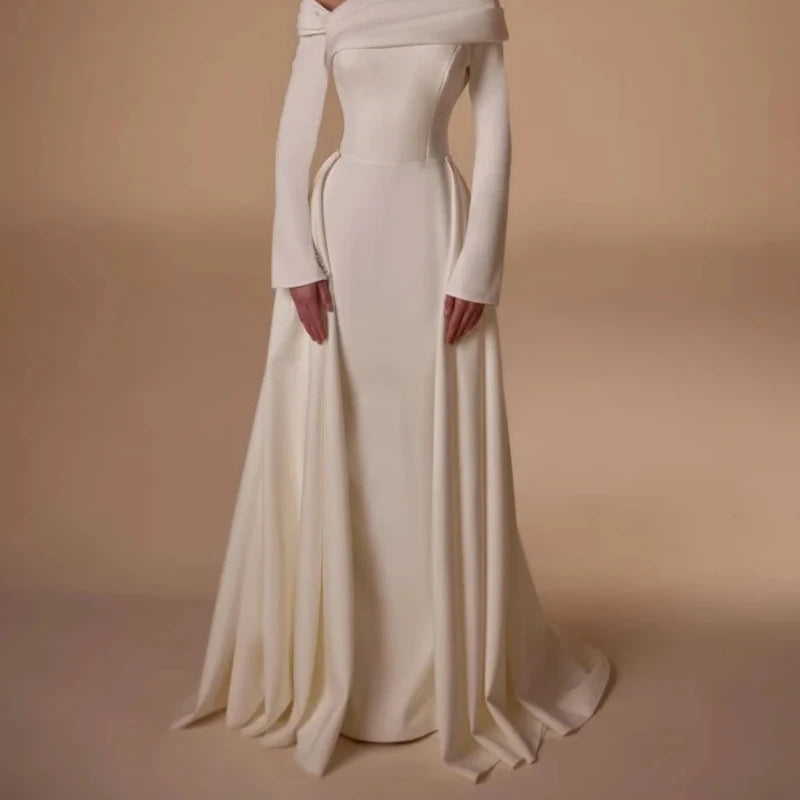 Elegant Evening Dress for Women Off The Shoulder Jersey Pleat A-Line Prom Gown  Long Sleeve Floor Length Party Dress Customized