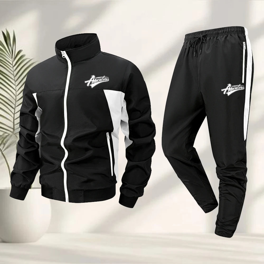 Men's Fashionable Word Print Sportswear Set Stand Collar Jacket And Sweatpants 2 Piece Set Casual Outdoor Fitness Hiking Apparel