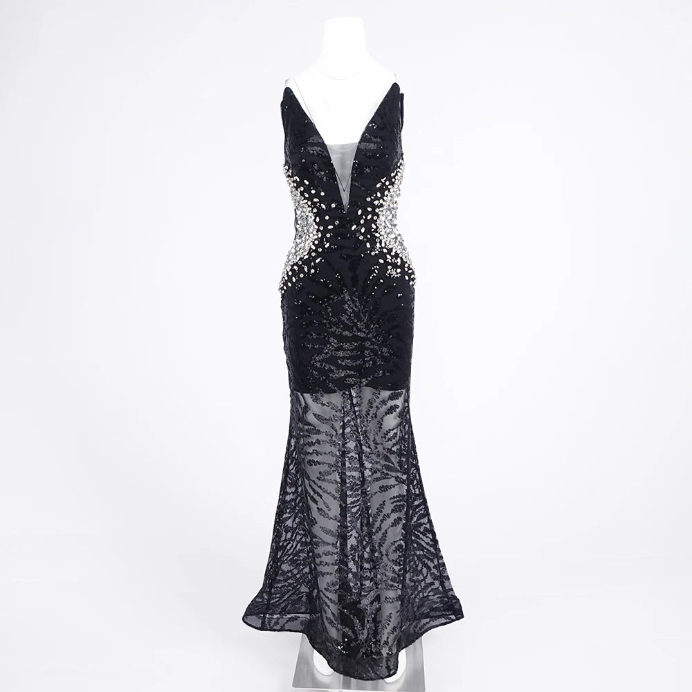 Sexy Deep V Sequin Sheer Evening Dress – Black Sparkle Formal Evening Banquet Gown with Plunging Neckline