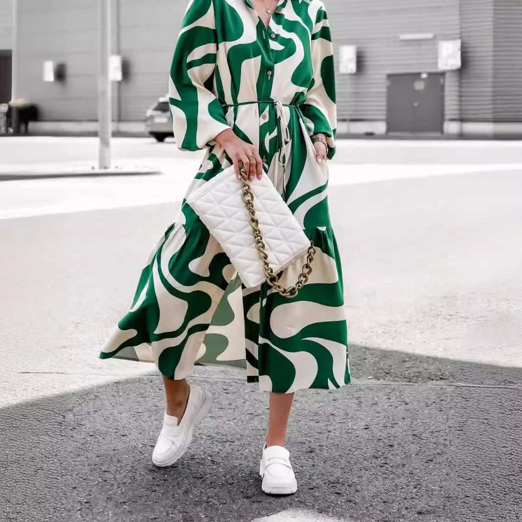 New Arrival Woman Geometric Print Belted Shirt Dress Long Sleeves Button Down Ideal for Casual Chic and Street Style