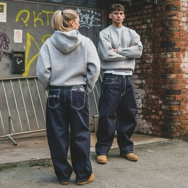 Vintage Black Denim Jeans Trendy Disc Embroidery Men And Women Wide Leg Pants Hip Hop Harajuku Streetwear Casual Baggy Jeans