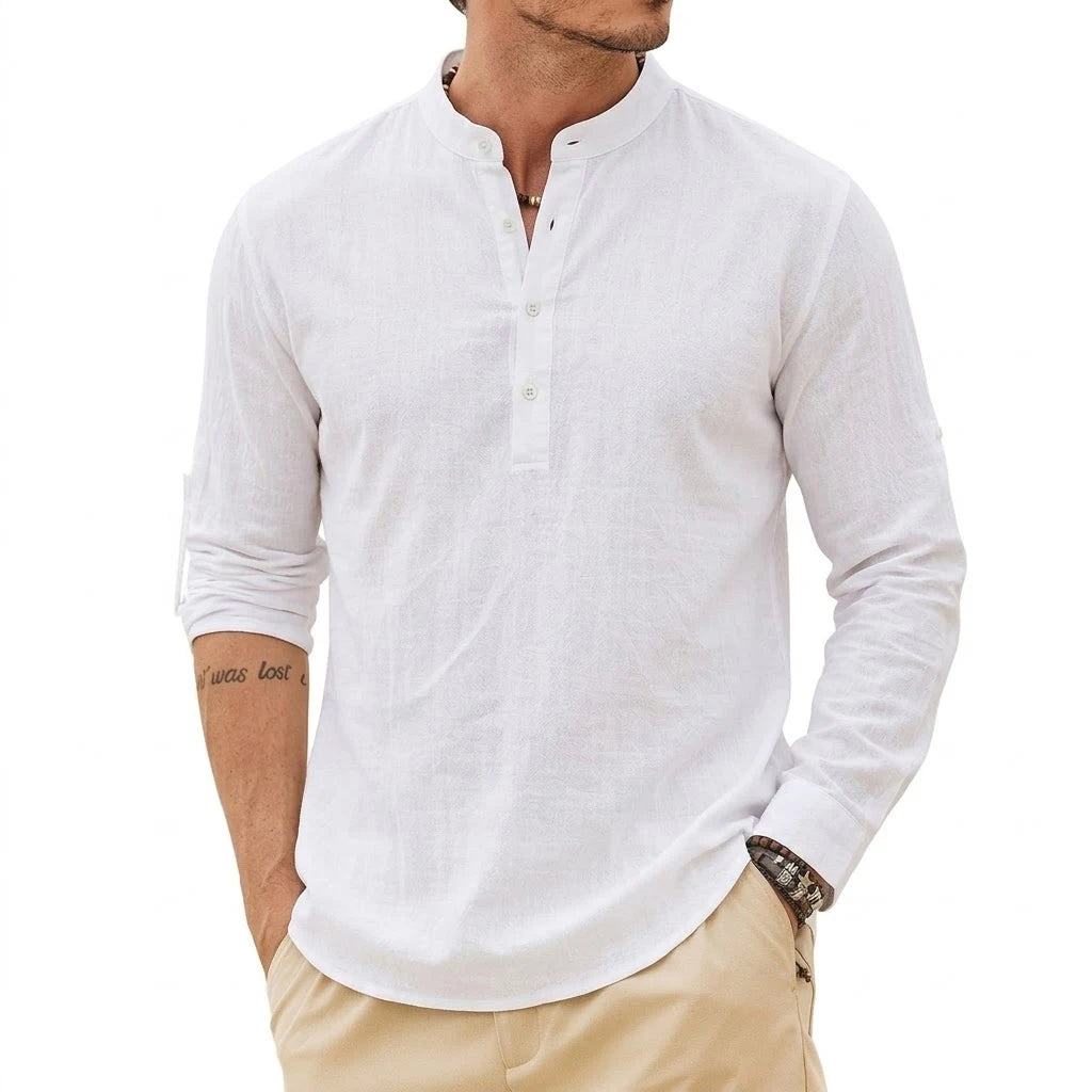 Fashion Mens Linen Shirts Luxury Henley Casual T-Shirts Long Sleeve Cotton T-Shirts Beach Hawaiian Summer Shirt for Men Gym Man