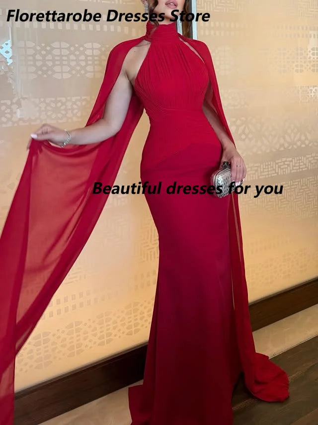 Elegant Red Evening Dress Customized Cloak High Neck A Line Floor Length Prom Gown Women Formal Party Dresses for Wedding