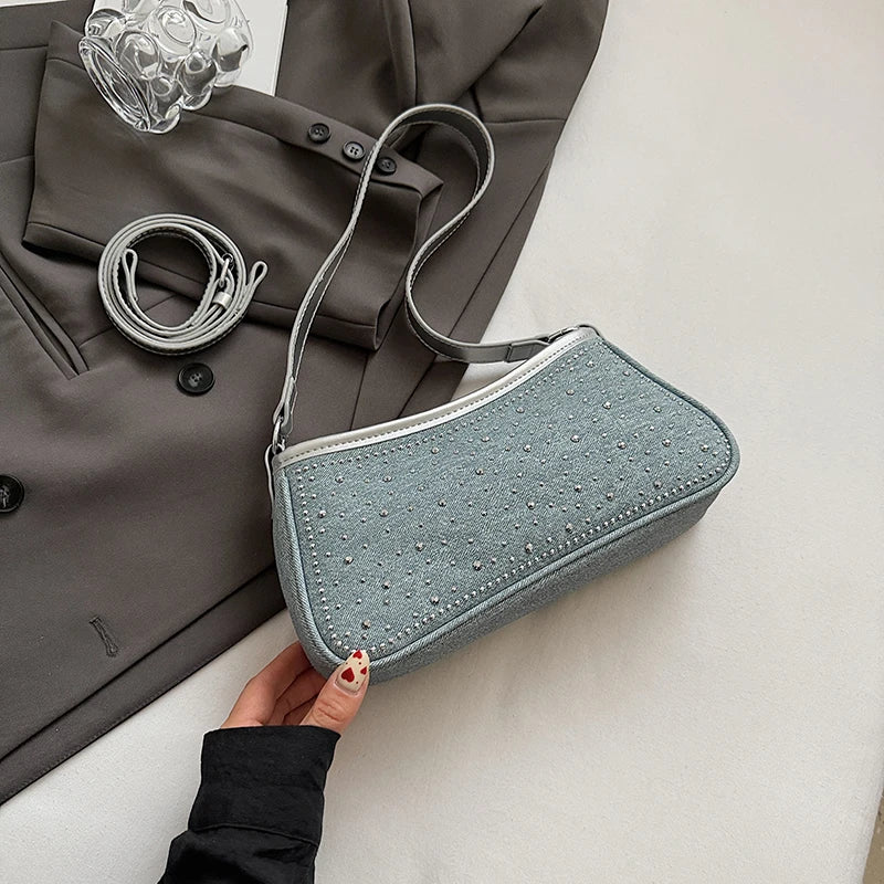 Vintage Denim Underarm Sling Bag Women Studded Diamond Shoulder Bag French Style Armpit Shopper Purse Verastile Crossbody Bag