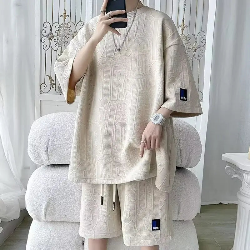 Fashion Suit Male Handsome Set With Loose Casual Sports Jacquard Short-sleeved Shorts Two-piece Set 2025 Spring And Summer