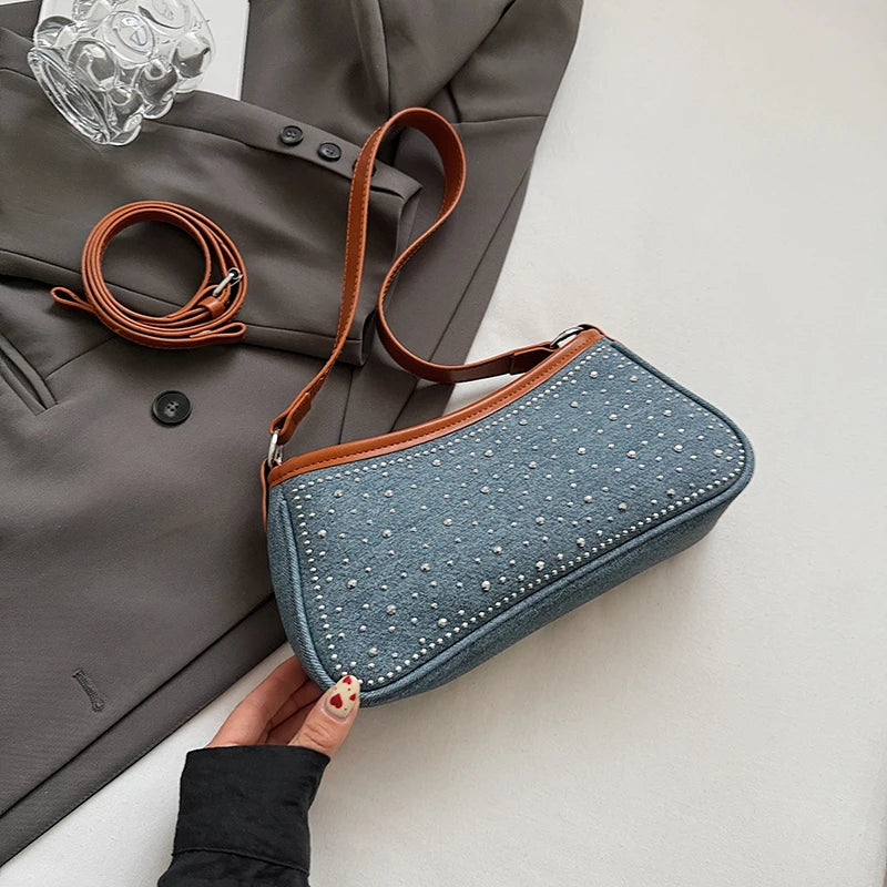 Vintage Denim Underarm Sling Bag Women Studded Diamond Shoulder Bag French Style Armpit Shopper Purse Verastile Crossbody Bag